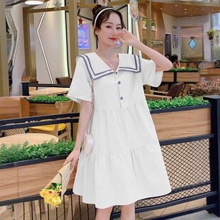 小清新甜美海军领短袖连衣裙女夏天宽松大码胖mm宽松显瘦孕妇裙子