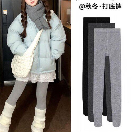 浅灰色打底裤女外穿秋冬2025新款加绒竖条纹高腰瘦腿显瘦紧身裤袜