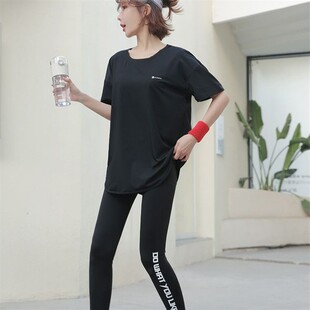 短袖瑜伽服健身套装女中长款遮臀跑步T恤宽松速干大码胖mm运动衣
