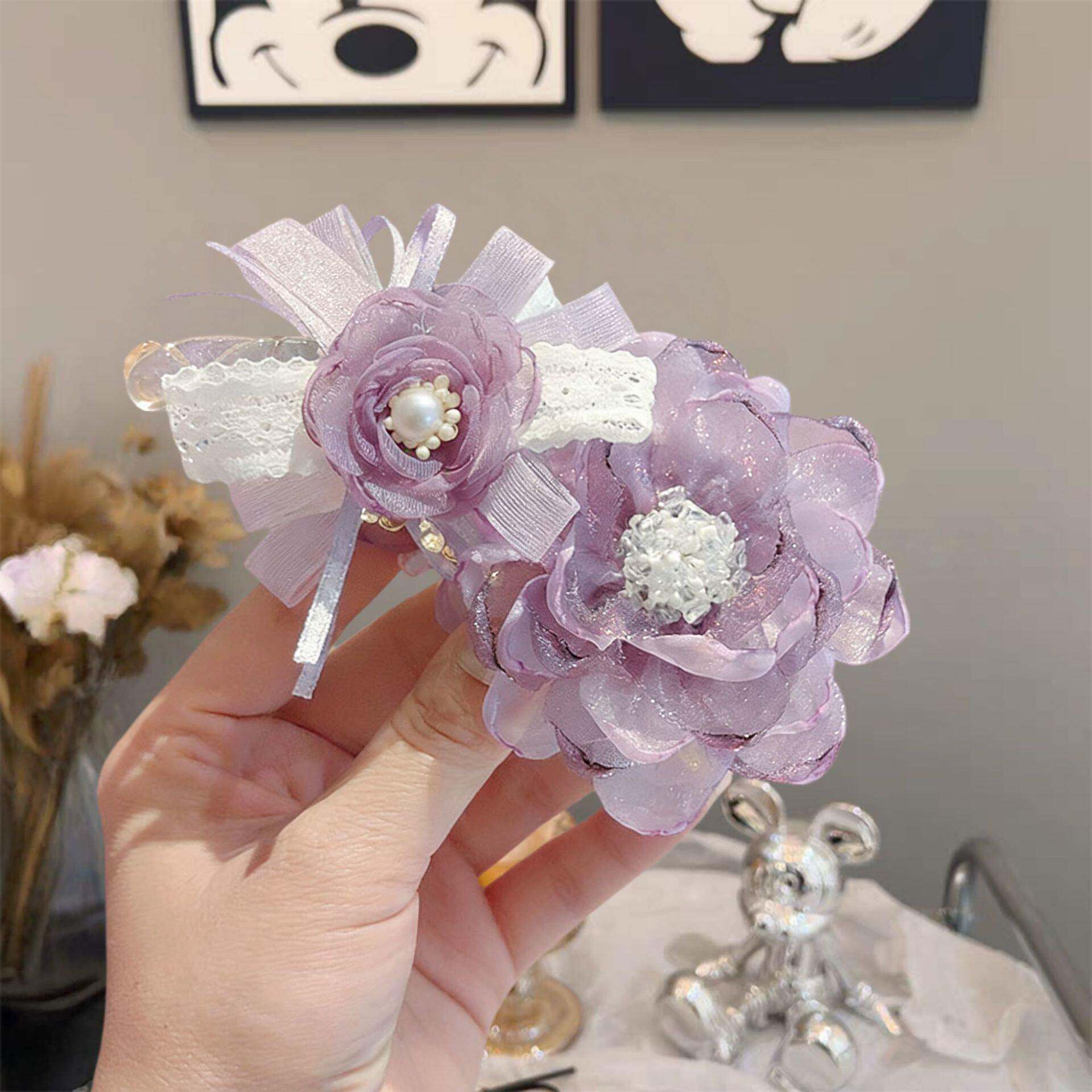 氛围感紫花朵香蕉夹大号发夹竖夹发饰女韩系夹子半扎马尾抓夹头饰