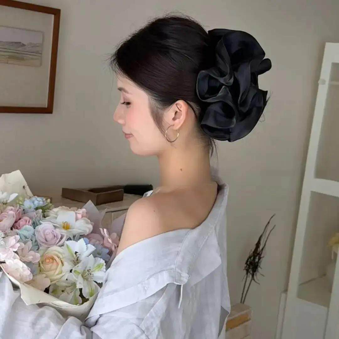 【下单立减50】显脸小超大号高级感珠光泡芙褶皱发圈鲨鱼夹时尚HX