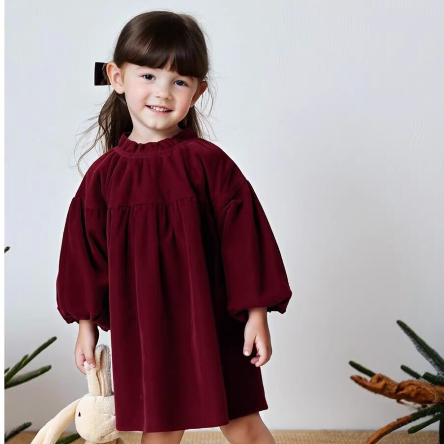 秋冬加绒灯芯绒花边领连衣裙女童女孩的派对服饰可爱酒红长袖裙子