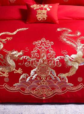 高档中式凤SJF刺单绣结婚四件套大红色床被套纯龙婚庆床棉上用品