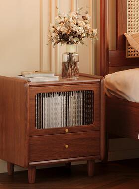 中古风实木边床头柜卧室小玻户型中式复古黑色OYH床柜收纳柜整装