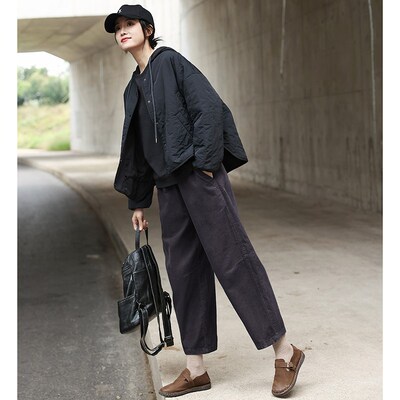 加绒裤子女秋冬季复古灯芯绒阔腿裤宽松百搭高腰九分裤条绒烟管裤