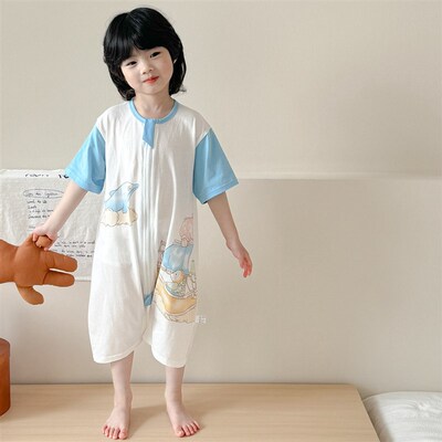 39C穿也凉快~宝宝夏季薄款睡袋前棉后网眼透气短袖短裤连体睡衣