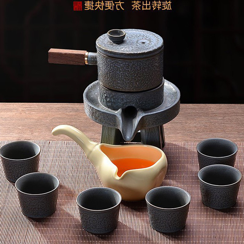 石磨陶瓷自动茶具简约懒人旋转出水功夫荼具复古粗陶茶壶茶杯套装图片