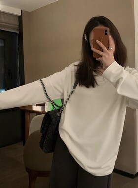 VASSE 云朵磨绒 双面磨毛加厚百搭基础款圆领套头白色长袖T恤打底