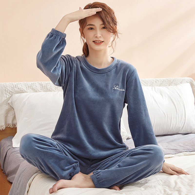 套头圆领冬季珊瑚绒睡衣女款春秋加绒可外穿保暖海岛绒家居服套装