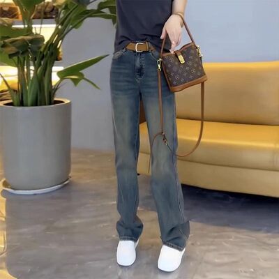 秋冬加绒牛仔裤直筒裤女窄版阔腿裤长裤梨形身材微胖女生显瘦裤子