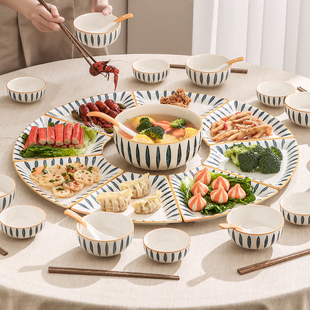 中国风木纹拼盘餐具组合陶瓷家用过年团圆盘子新中式圆桌摆盘套装