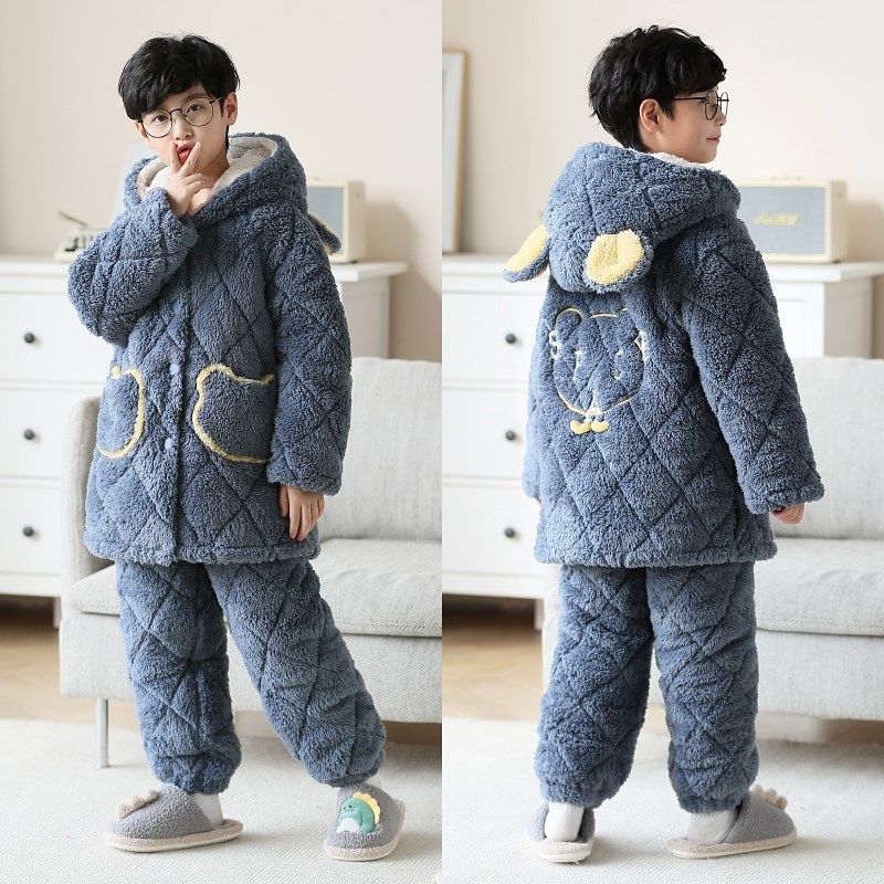 2022冬季男童儿童睡衣法兰绒中长款三层夹棉加厚男孩中大童家居服
