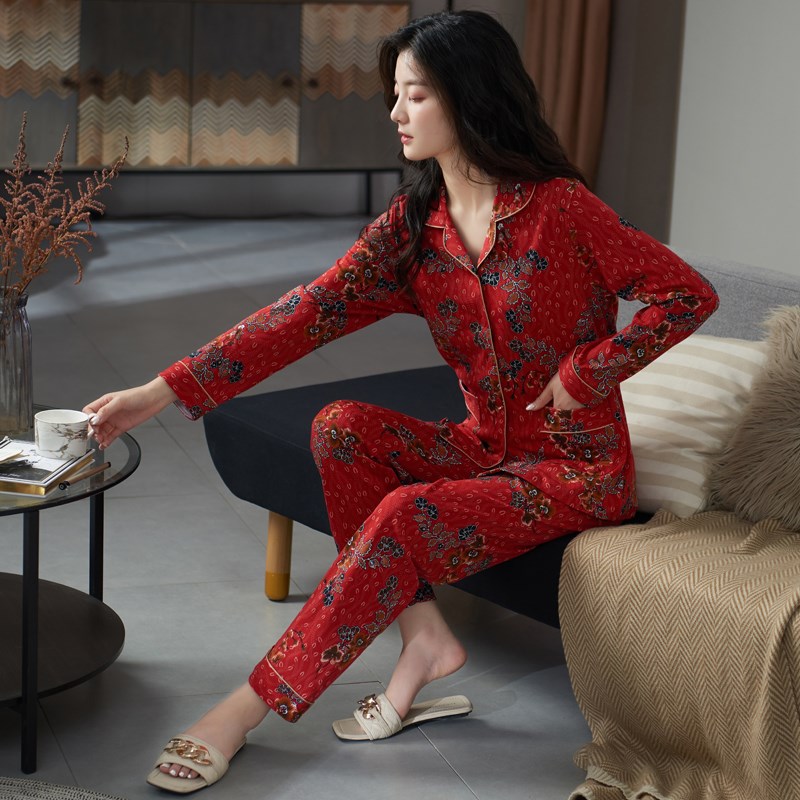 睡衣女春秋款纯棉长袖高级感碎花大红色可外穿夏季开衫家居服套装