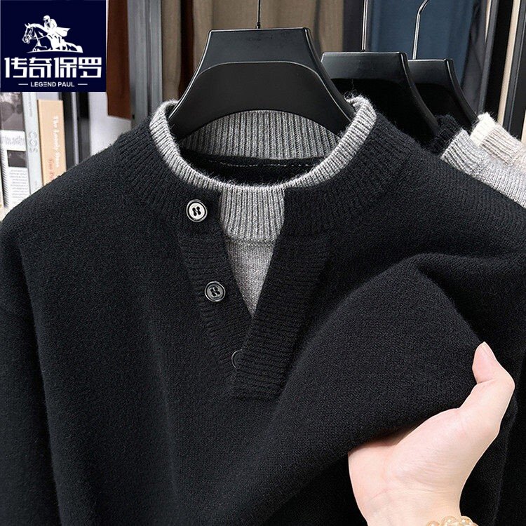 保罗毛衣男款时尚宽松假两件领秋冬季休闲加厚针织衫男装外套潮流