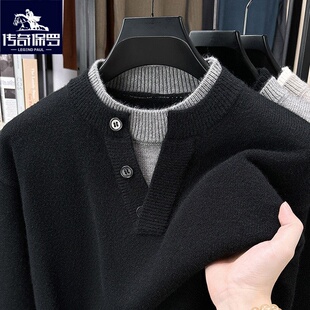 保罗毛衣男款时尚宽松假两件领秋冬季休闲加厚针织衫男装外套潮流