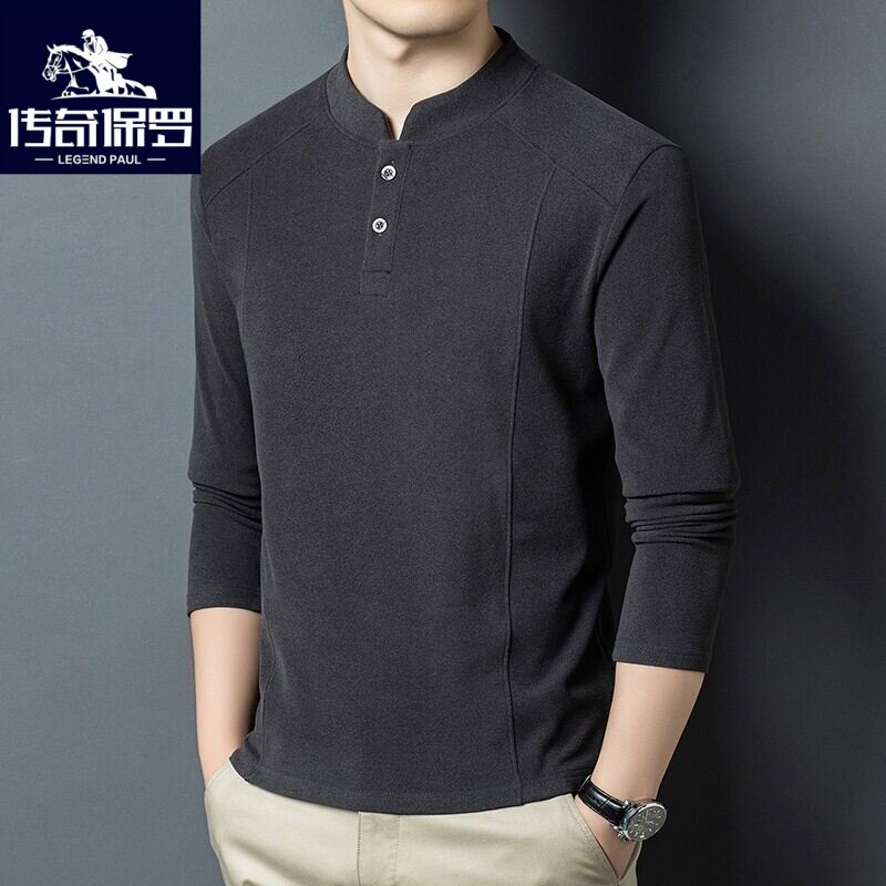 保罗长袖t恤男士春季新款双面德绒打底衫潮流休闲中华立领卫衣男