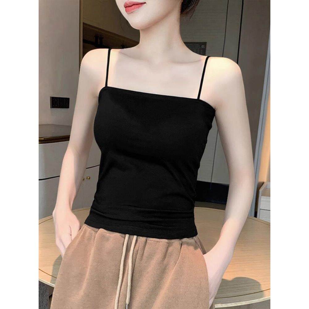 黑色无胸垫吊带背心女一字领平口抹胸打底衫短款美背背心西装内搭