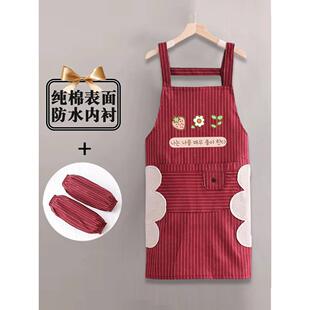 韩版纯棉围裙防水防油家用厨房2023新款女围腰双层薄款上班工作服