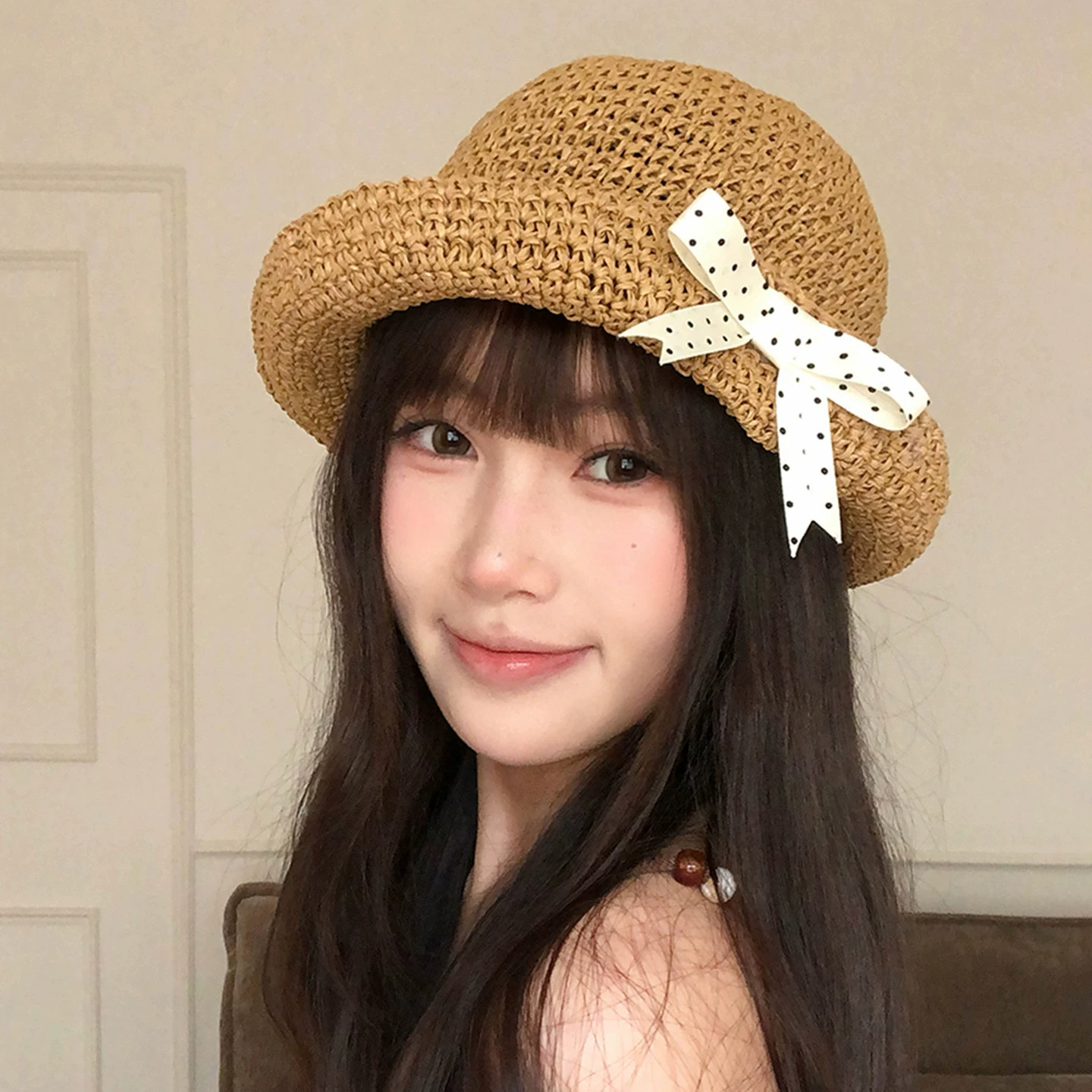 度假草帽女士夏季宽檐蝴蝶结丝带防晒遮阳帽大帽檐显脸小沙滩帽子
