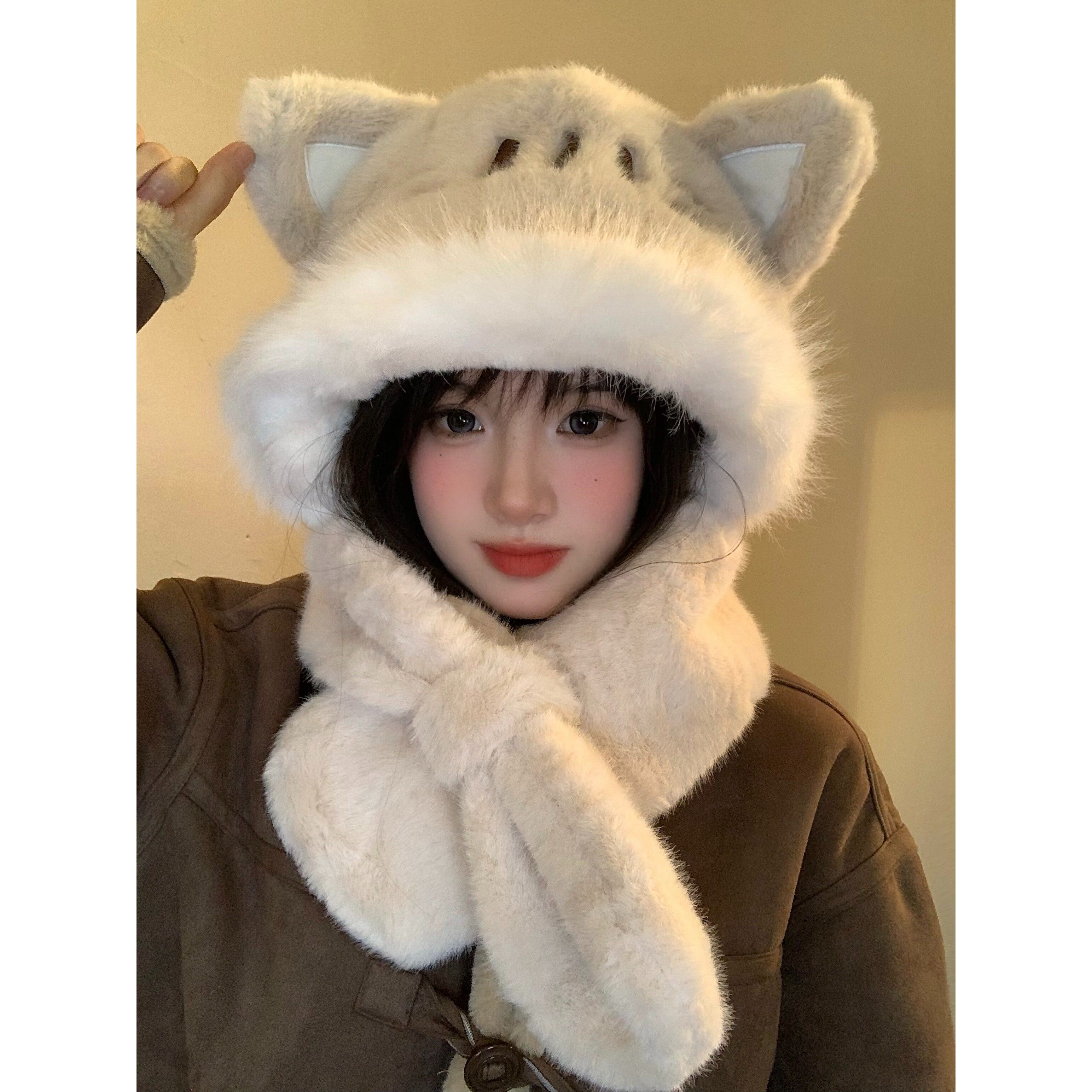 日系可爱小猫帽子围巾一体两件套女秋冬季保暖百搭毛绒护耳雷锋帽