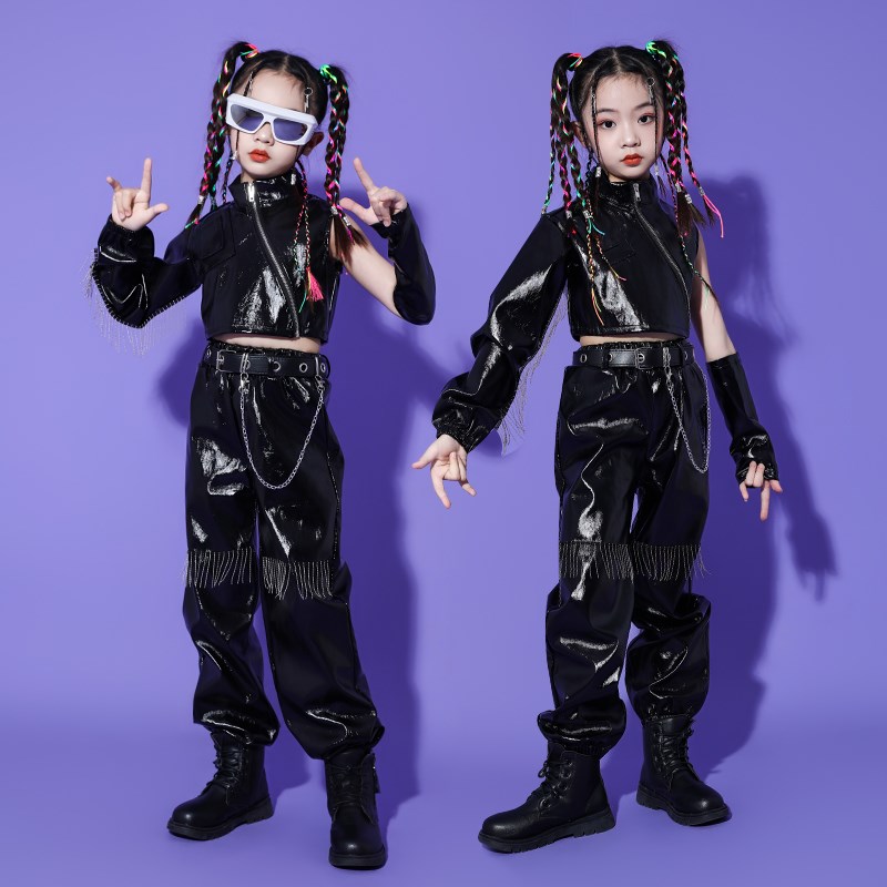 现货速发童爵士舞演出服时髦潮装儿童走秀时装机车服装模特少儿皮