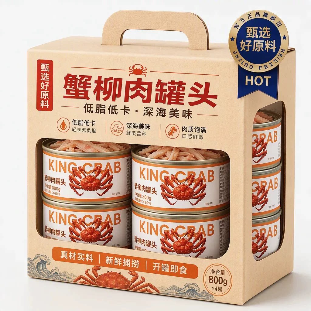 俄罗斯进口蟹柳肉罐头帝王蟹腿开盖即食海鲜零食熟食寿司炒饭海味图片
