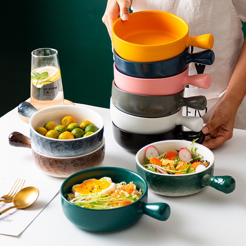 北欧新款石纹陶瓷泡面碗学生创意单柄烘焙早餐碗家用沙拉碗盘外贸