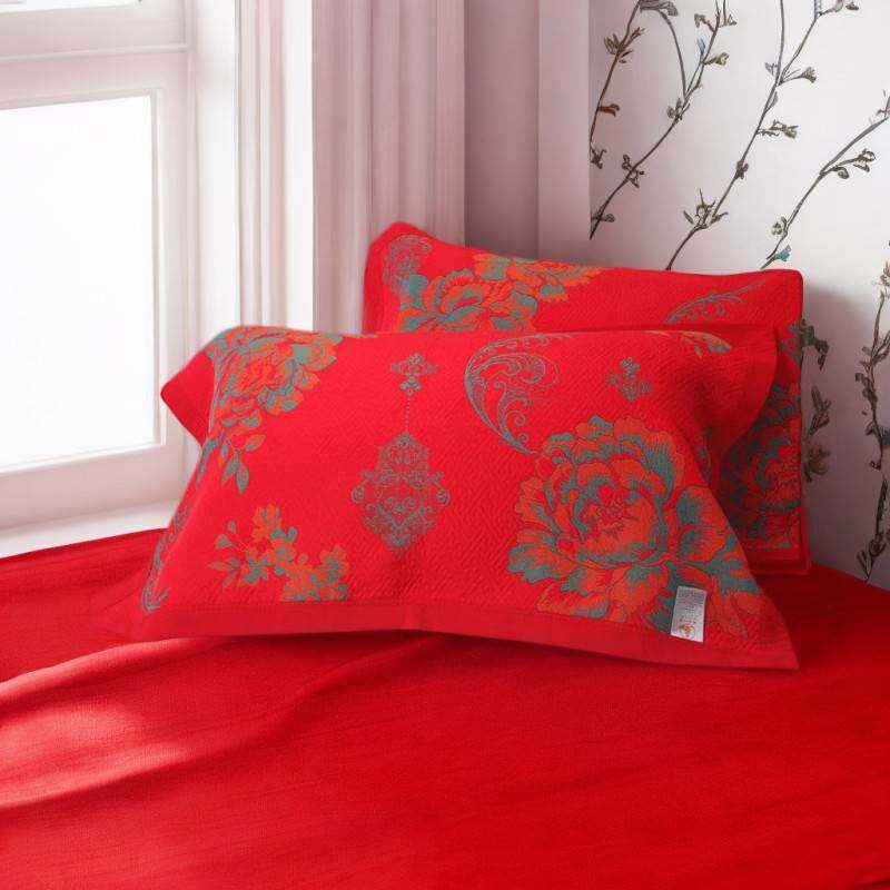 【官方旗舰店正品】纱布枕巾纯棉一对轻奢高级感等品红色牡丹精梳