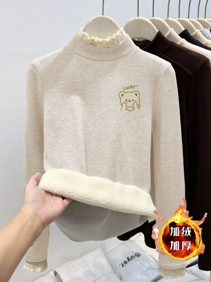 女童打底衫加绒加厚半高领长袖卫衣新款中大童一体绒保暖印花上衣