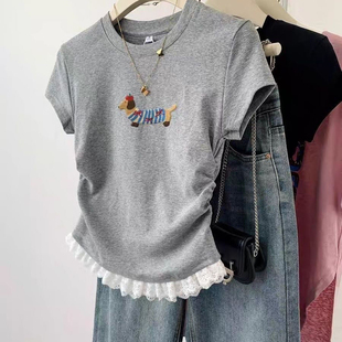 中大童灰色蕾丝花边短袖t恤女童夏季2025夏款短款正肩收腰上衣ins