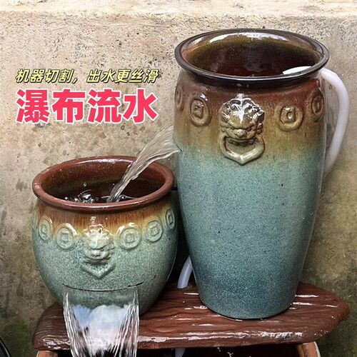 大切口陶罐生态养鱼n流水造景摆件庭院室内古法流水兽头手工柴烧