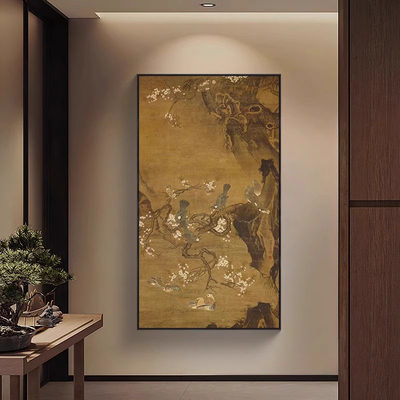 宋代美学复古花鸟入户玄关装饰画新中式禅意茶室书房走廊竖版挂画