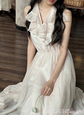 【花眠曲】LIli百合乡樱花粉古早感挂脖浪漫荷叶领收腰无袖连衣裙