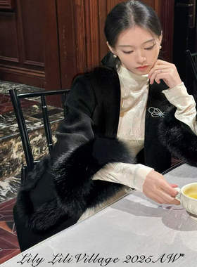 【黛绒】Lili百合乡原创复古贵气黑色狐狸毛保暖直筒无扣大衣