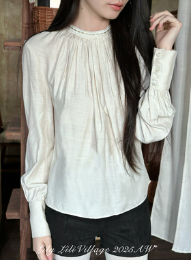 【铃町】Lili百合乡气质简约风日常基础款茶杏色抽褶微松长袖衬衫