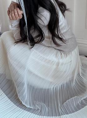 Lili百合乡|浅米色重工垂感双层肌理压褶温柔风弹力腰半身百褶裙