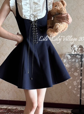 Lili百合乡|原创藏青复古绑绳修身吊带短裙收腰设计感气质大摆裙