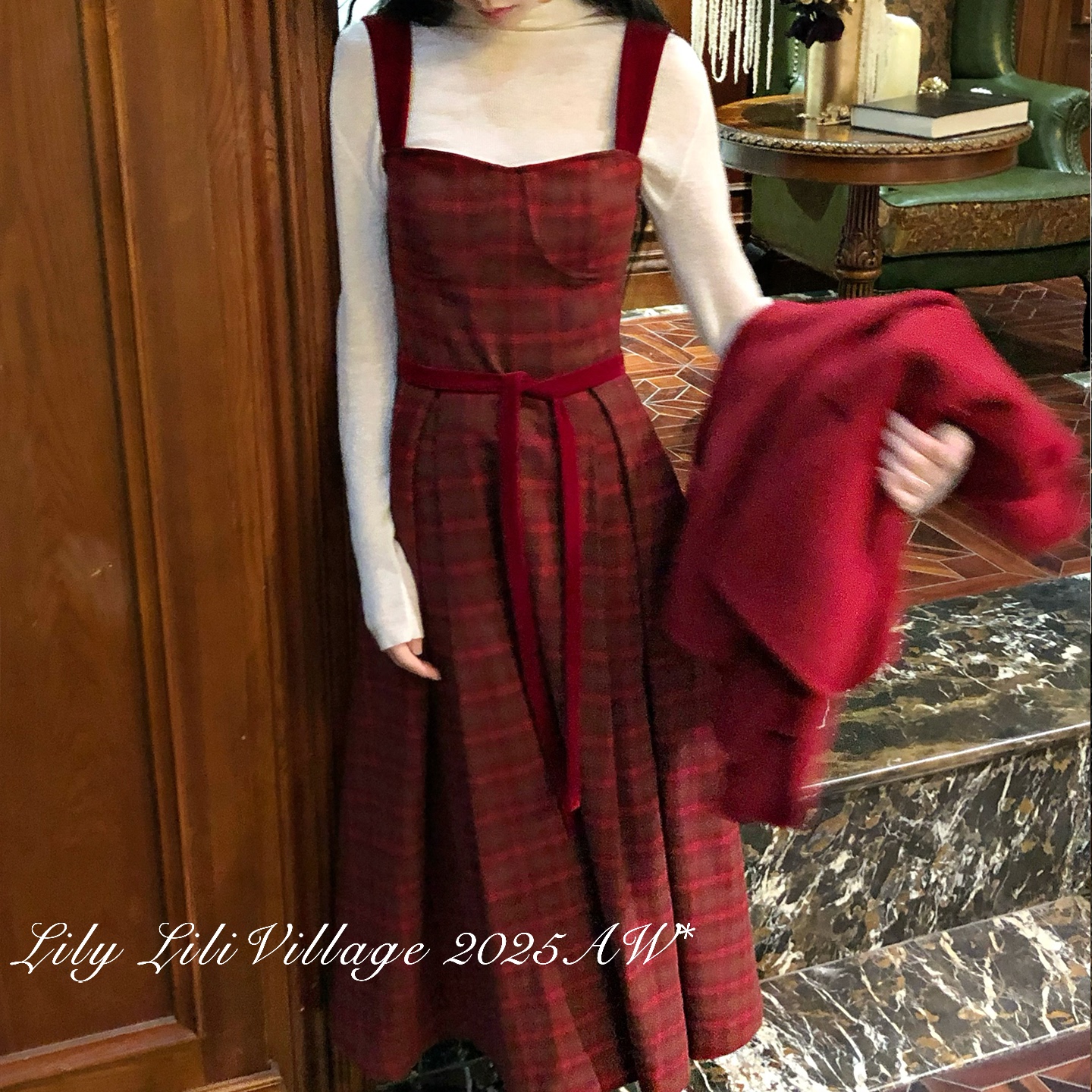 复古少女感红丝绒拼接格纹长裙