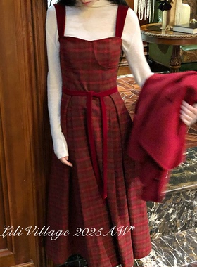 【绯色格叙】Lili百合乡优雅风复古少女感红丝绒拼接格纹系带长裙