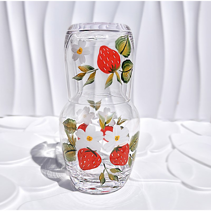 中古玻璃杯凉水壶手绘花朵果汁壶水杯茶壶L茶杯醒酒器套杯1壶1杯