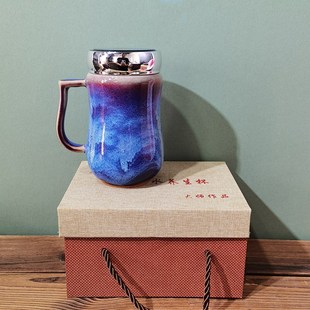 禹州神垕a钧瓷茶杯办公杯男女士陶瓷窑变釉水杯带盖高档大容量杯