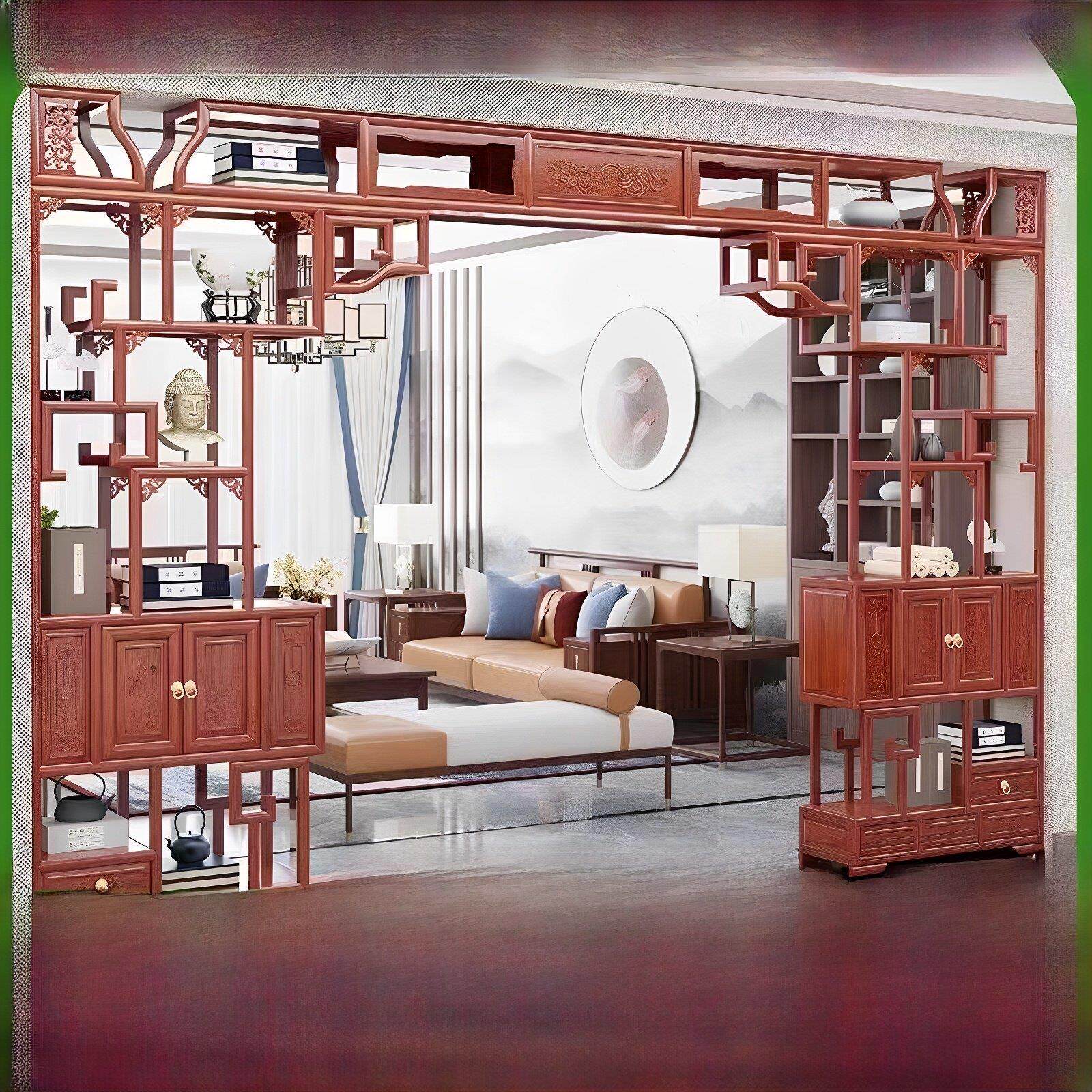 全实木月洞门隔断玄关柜月亮拱门彷古新中式博古架客厅电视背景墙