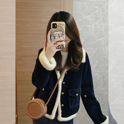 2025新款爆款巨好看的初冬藏蓝色小香风加绒加厚羊羔绒外套女冬季