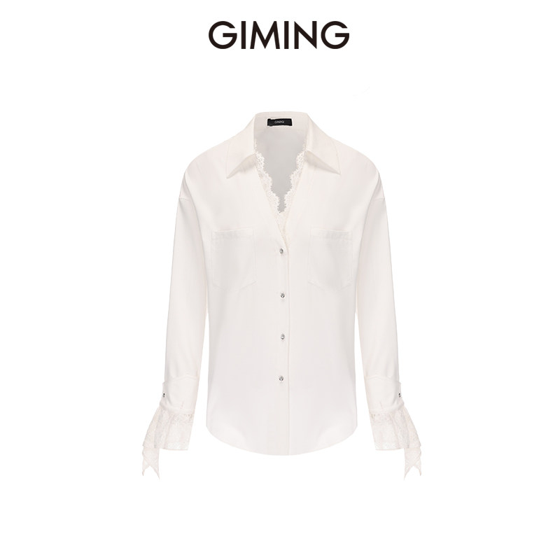 GIMING设计师品牌白色新款经典简约蕾丝拼接时尚衬衫