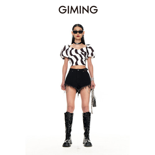 GIMING流苏毛边高腰牛仔短裤