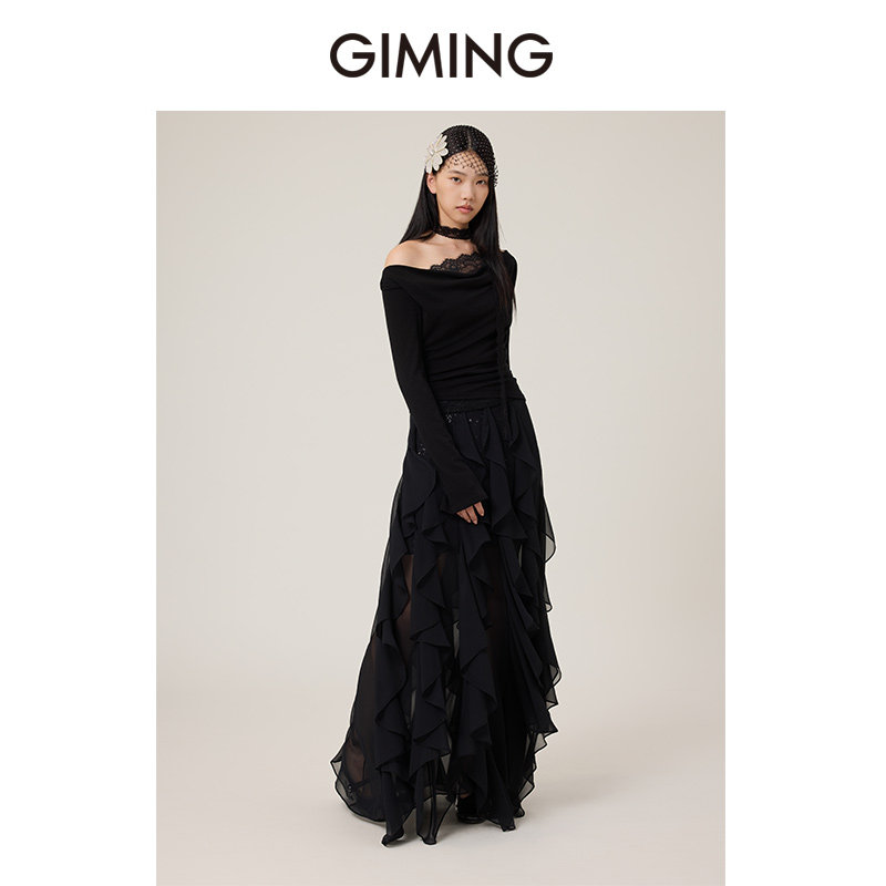 GIMING设计师品牌亮片荷叶边百搭低调奢华时尚半裙女