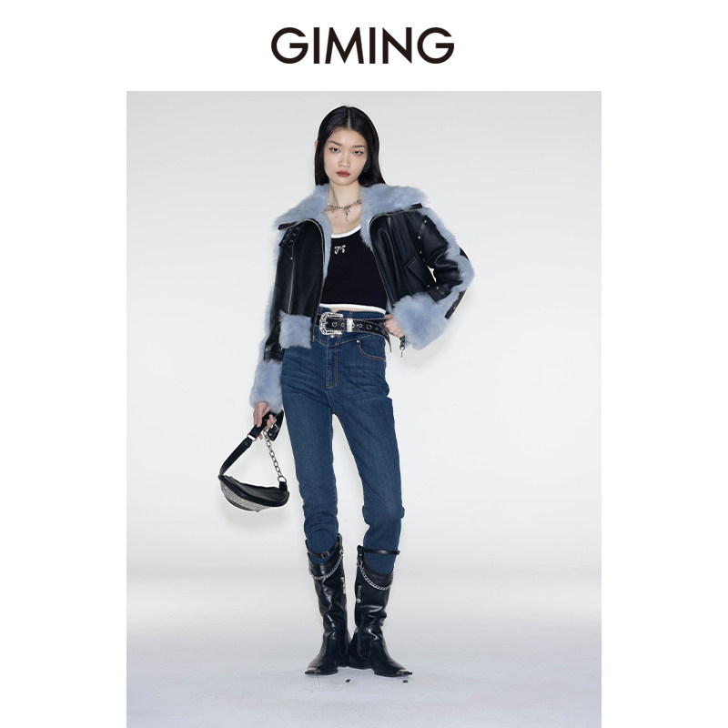 GIMING设计师款时尚百搭的酷感短款毛领翻领外套女真皮小绵羊皮