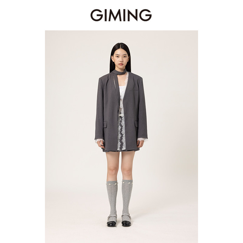 GIMING知性穿搭廓形西服套装上衣高腰短裙女秋冬百搭通勤两件套