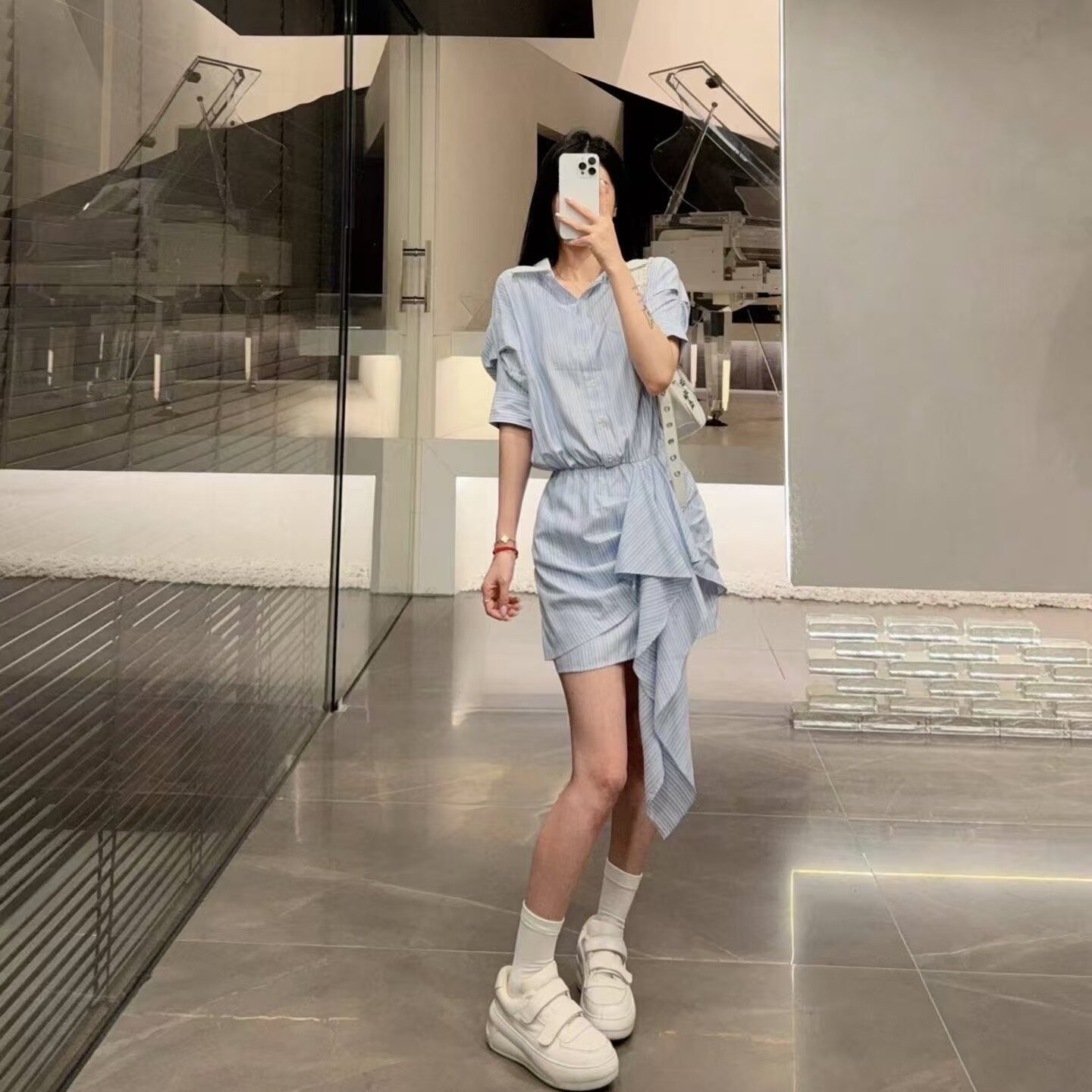 GIMING蓝白条纹连衣裙短袖衬衫裙图片