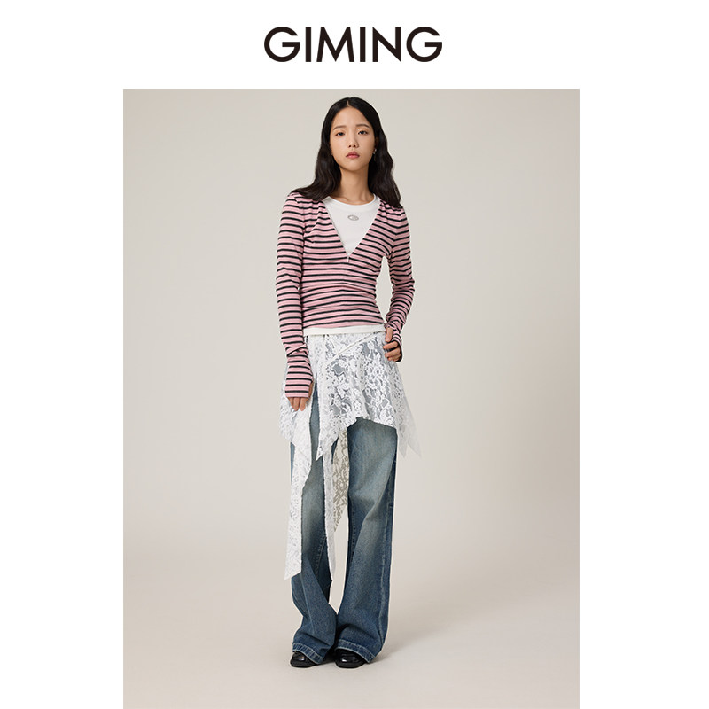 GIMING韩系微喇修身牛仔裤子屁帘图片